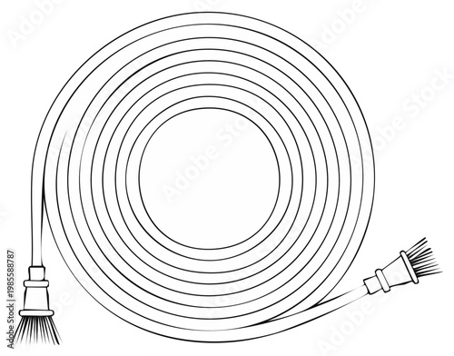 Black and white coiled garden hose with spray nozzles line art vector illustration