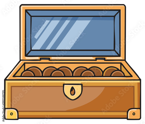 Cartoon Treasure Chest with Coins Inside a Decorative Wooden Box Illustration