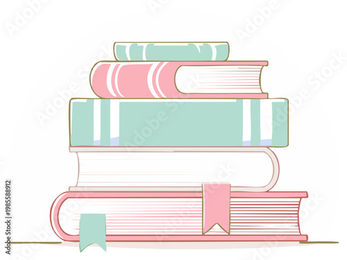 Stack of pastel colored books with ribbon bookmarks illustration