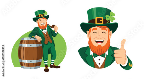 Jolly leprechaun character in green suit and hat leaning on wooden barrel and giving a thumbs up for St Patricks Day.