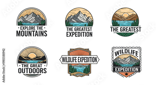 Set of vintage outdoor adventure badges with mountain landscapes and forest scenes for wildlife expedition themes.