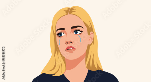 Young blonde woman looking upwards with sad blue eyes and tears falling down her cheeks in a moment of emotional distress.