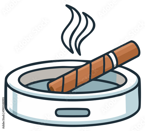 Cartoon smoking cigar resting in an ashtray with smoke wisps