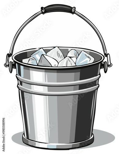 Shiny Metal Pail Filled with Ice Cubes Ready for Refreshments