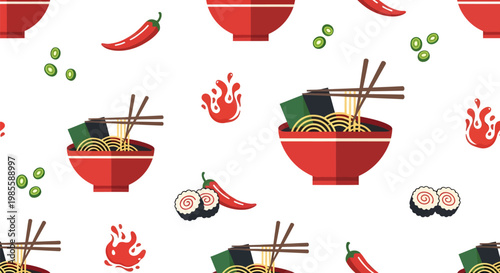 Seamless Food Pattern Background with Spicy Japanese Ramen Bowls, Oriental Cuisine Texture Design with Flat Illustrations of Noodles, Chili