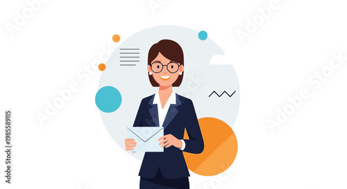 Professional businesswoman wearing glasses and dark blue suit holding a white envelope against an abstract background.