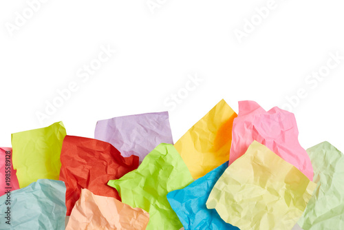 bottom border of colorful sticky notes with crumpled texture isolated on white