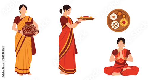 Collection of Indian women in traditional sarees performing various tasks including holding a pot and praying near a thali plate.