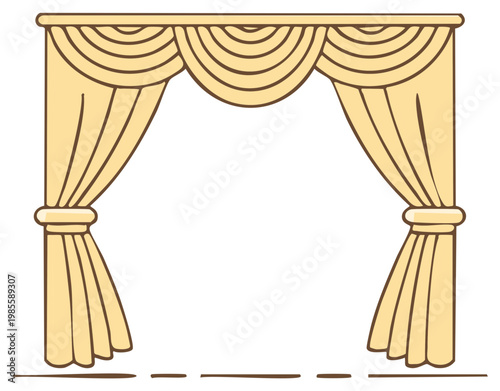 Cartoon style yellow stage curtains isolated. Elegant design, theatrical background