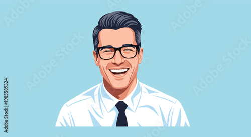 Successful young professional man with stylish glasses and a blue tie smiles confidently against a light blue background.