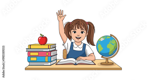 Dedicated schoolgirl sitting at her desk with books and a globe raises her hand to answer a question in class.