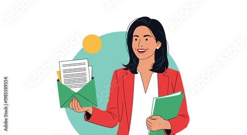 Professional businesswoman wearing a bright red blazer holds a green envelope and a folder while smiling outdoors.