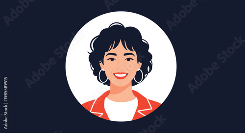 Elegant woman with dark curly hair and large hoop earrings smiles warmly from within a circular frame on a dark base.