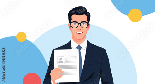 Confident job applicant in a professional black suit holds a resume paper against a blue and yellow circular pattern.