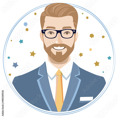 Smiling bearded man avatar with glasses, wearing a suit, decorated with stars and blue circle, vector illustration, cartoon.