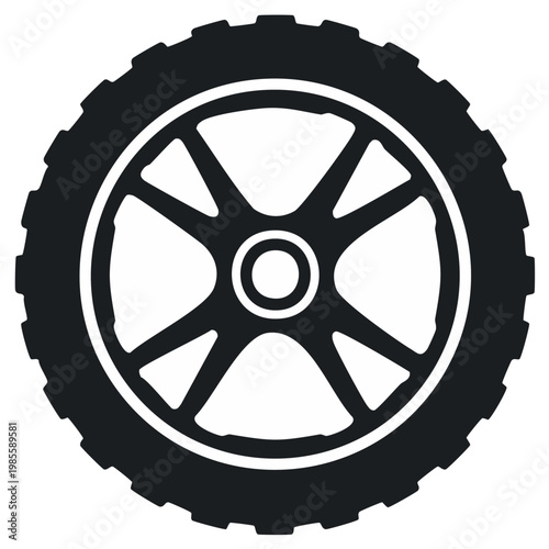 Bold black and white tire icon featuring detailed tread and spoke design for automotive or transportation themes