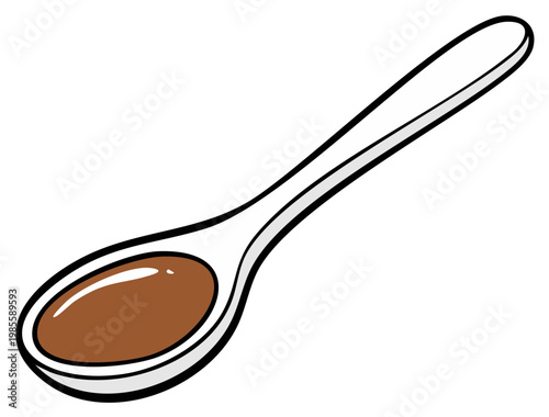 An illustrated spoon holding a spoonful of brown liquid medicine or food sauce