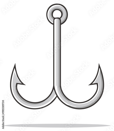 Illustration of a silver fishing hook with two barbs and a loop.