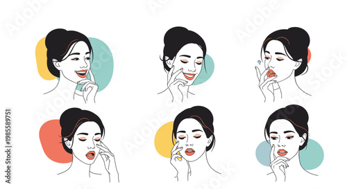 Six different portraits of a beautiful woman showing various skincare routines and facial expressions with soft colors.