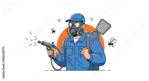 Dedicated pest control worker wearing a gas mask and protective gear holds a sprayer and a swatter to catch insects.