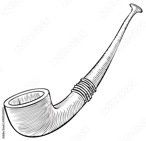 Detailed black and white illustration of a long smoking pipe