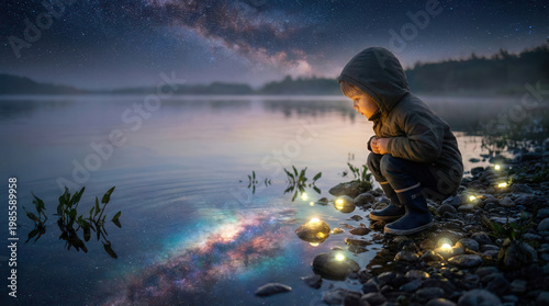 Child in hooded jacket crouches by lake at night, looking at glowing lights. Milky Way reflected in water. Feeling of wonder.