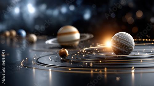 Solar system planet orbit space galaxy astronomy nebula cosmic star universe Solar system planet orbit in deep space with glowing star and cosmic dust nebula background, elegant science art scene