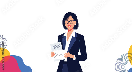 Smiling professional woman in a dark suit and glasses holds a white envelope and a formal letter in her hands.