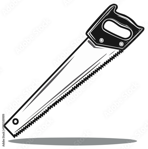 Illustrated hand saw with black handle and metal blade for wood cutting on white background