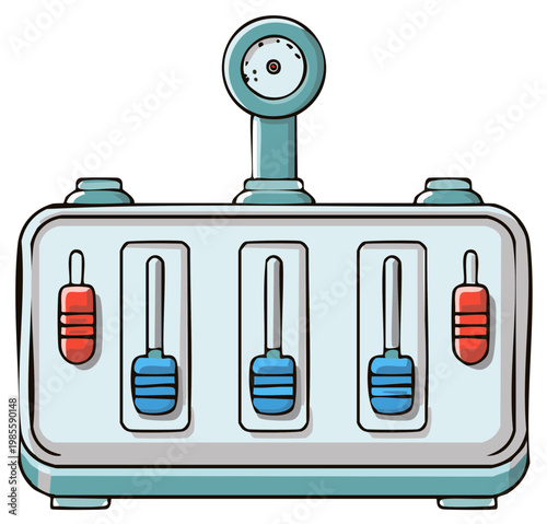 Illustrated Control Panel with Sliders, Dials, and Meter Isolated on White Backdrop