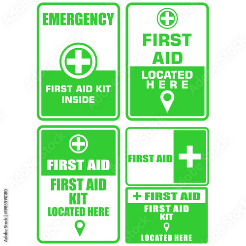 First Aid kit. Located Here. Sign vector Set