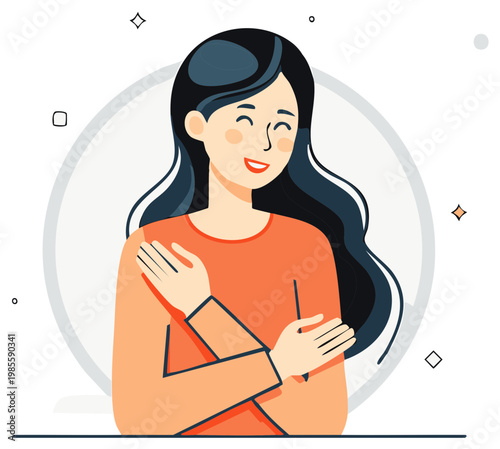 Happy young woman embracing herself smiling showing self love and comfort