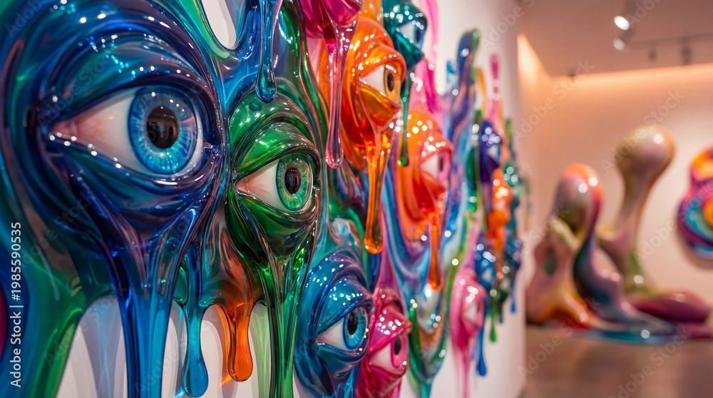 Fototapeta premium Abstract trippy background with melting eyes concept. Vibrant abstract sculptures in a modern art gallery setting.