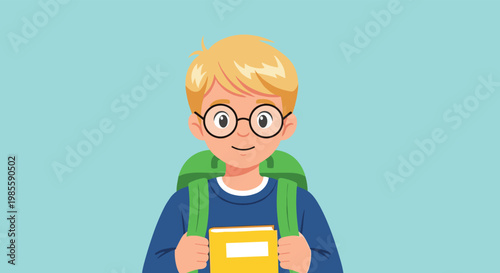 Young schoolboy with blonde hair and glasses carries a green backpack and holds a yellow book with a friendly smile.