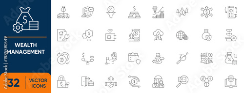 Wealth Management Icon Set. Containing Investment, Strategy, Financial Planning, Retirement Plan, portfolio, banking and more. Editable vector Line icons collection.