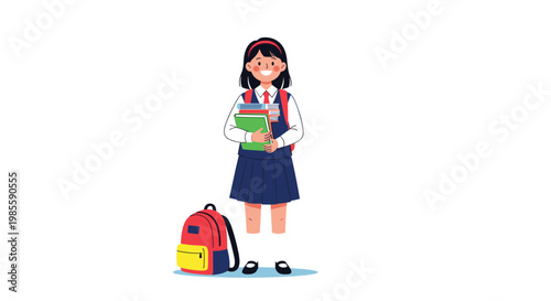 Smiling schoolgirl in a navy blue uniform stands with a stack of books while a red backpack rests on the floor.