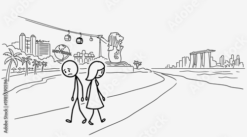 Sad Cartoon Couple Walking by Singapore Landmarks