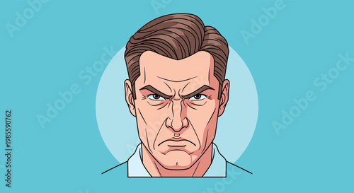 Close up portrait of a serious man with a furrowed brow and an intense expression against a light blue circular backdrop.