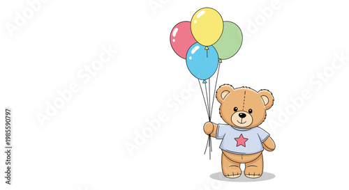 Cute brown teddy bear wearing a light blue star shirt holds a bunch of four colorful balloons with a happy face.