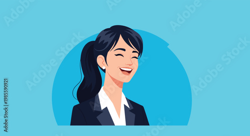 Portrait of a laughing young businesswoman with a ponytail and dark suit against a blue circular abstract background.