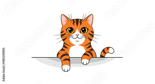Cute ginger tabby cat with bright eyes and stripes peeks over the edge of a white surface with a curious expression.