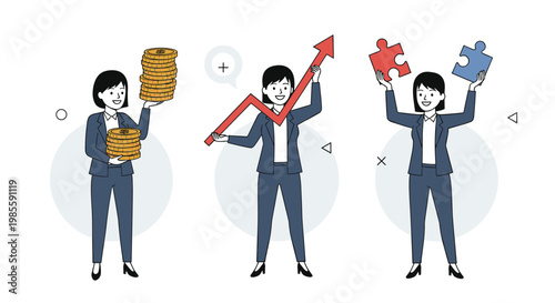 Businesswoman character set showing different success concepts like earning money, financial growth, and solving puzzles.