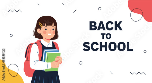 Happy schoolgirl with a red backpack holding a stack of books for the back to school season on a white background.