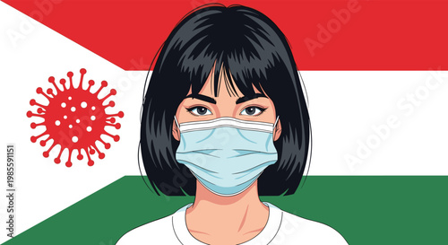 Portrait of a woman wearing a surgical mask for protection against viruses in front of the national flag of Hungary.