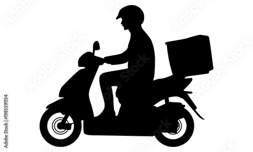 Silhouette, Courier on Motorcycle, Delivery Food In City, Lifestyle, Isolated, Character, Black, Scooter, Vector