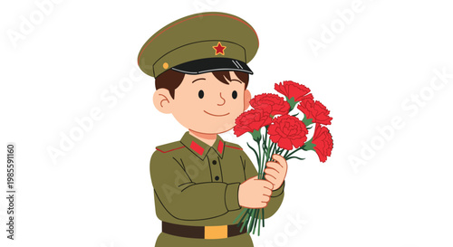 Young boy dressed in a green military uniform holding a bouquet of red carnations to honor war veterans on a holiday.