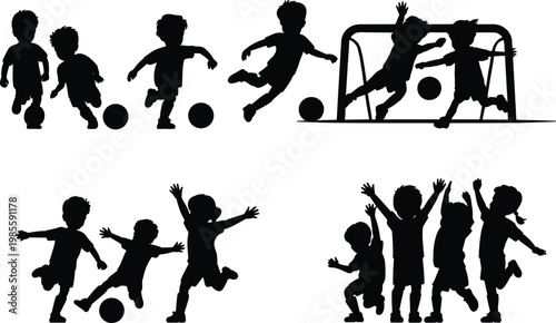 Children playing soccer silhouette, kids football silhouette, boys and girls soccer players, active children running kicking ball, black silhouette vector set