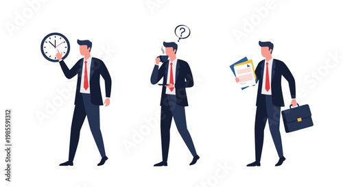 Businessman character in three stages of his day showing time management, thinking over coffee, and going to work.