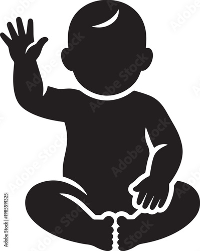 A black silhouette of a baby sitting in a lotus position with one hand waving, symbolizing innocence and serenity, ideal for educational or marketing materials.