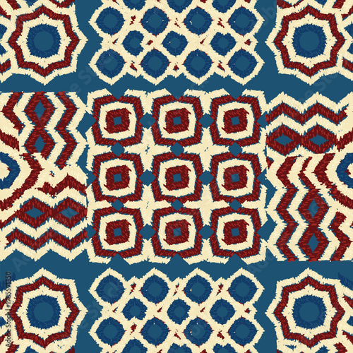Vibrant geometric seamless pattern design showcases dark blue and red shapes beautifully arranged against a cream backdrop. Ethnic hand made background